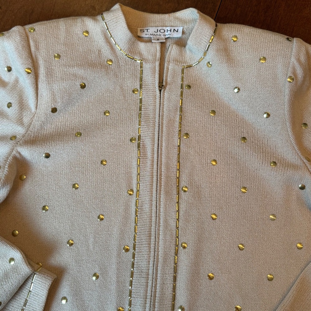 VTG St. John Suit Jacket 6 Skirt 8 Women Beige Studded Santana Knit Zi - Picture 13 of 14